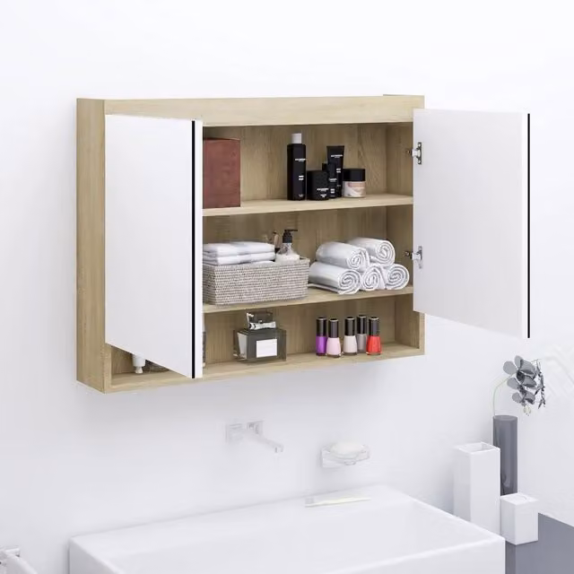 Armadietto da bagno moderno vidaXL con specchio e ante in vetro, bianco e rovere, L: 80 cm, P: 15 cm, H: 60 cm