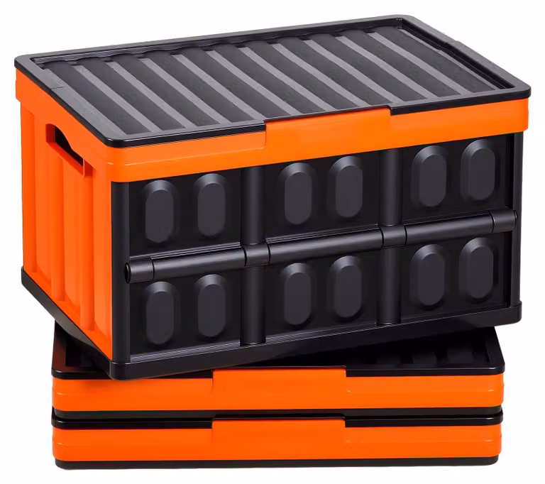 Contenitori - Contenitori pieghevoli da 45 L, set da 3 pezzi - Pieghevoli - Impilabili - Con coperchio - Portata 20 kg per contenitore - Plastica - Arancione/Nero