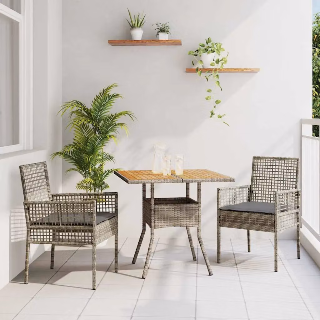 Set da pranzo per giardino e terrazza vidaXL in polyrattan e legno di acacia, 3 pezzi, Grigio e Marrone