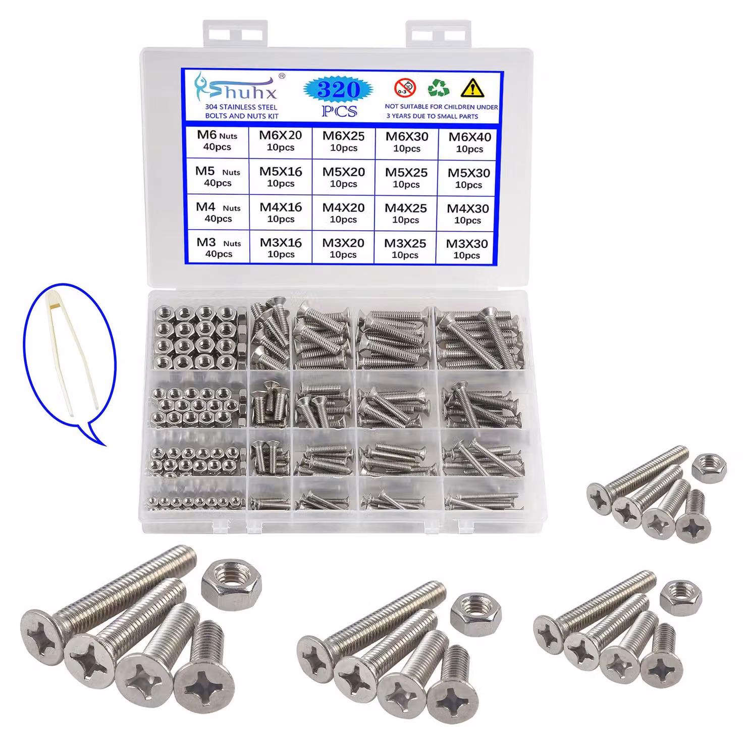 Elzusha - Kit assortimento di 320 viti e bulloni in acciaio inossidabile
