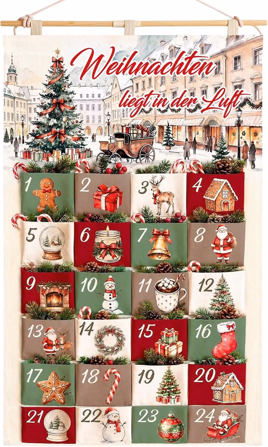 Calendario dell'Avvento in tessuto, con 24 tasche, dimensioni 97 x 62 cm, da appendere, per bambini