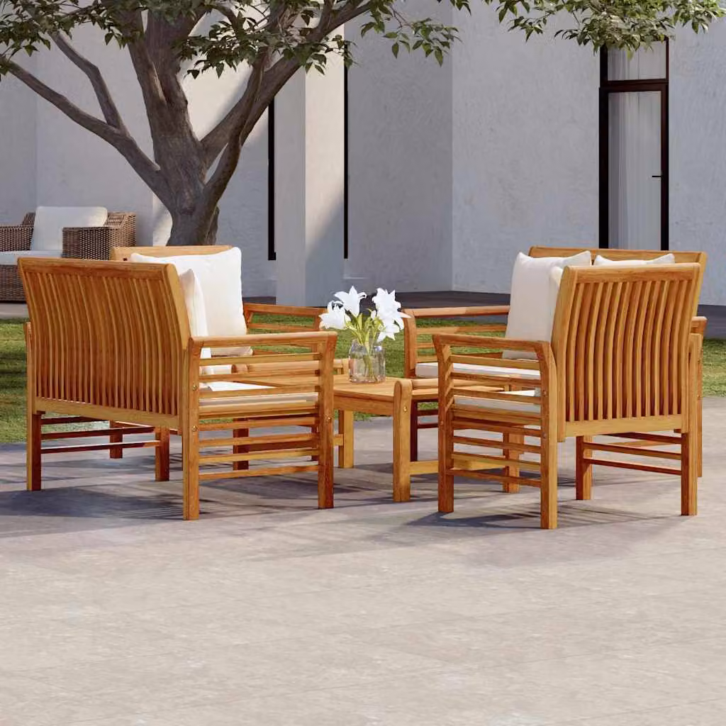 Set Salotto da Giardino vidaXL 5 Pezzi in Legno di Acacia con Cuscini Bianchi e Marroni
