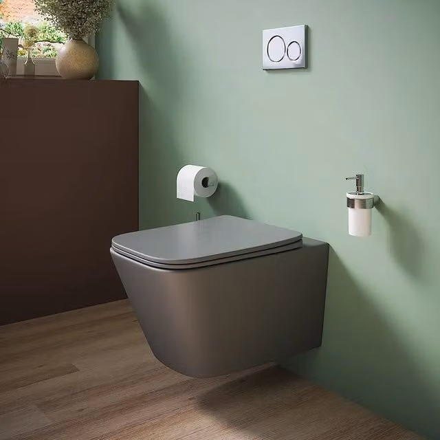 Vaso sospeso rimless in ceramica grigio opaco con sedile soft-close | Kyoto
