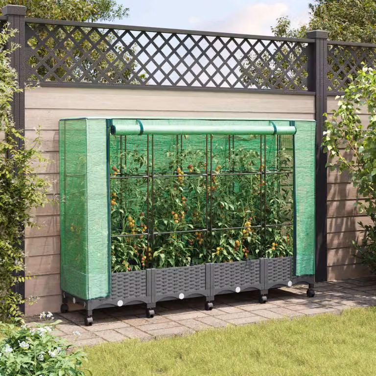 Set di 4 vasi da giardino con copertura per serra e ruote vidaXL in plastica, grigio e verde