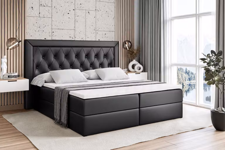 Letto boxspring ALTDECOR con materasso (altezza 20 cm) e topper (altezza 4 cm), letto imbottito con testiera e contenitore - NOEL - 120x200 - H3 / Pelle finta nera