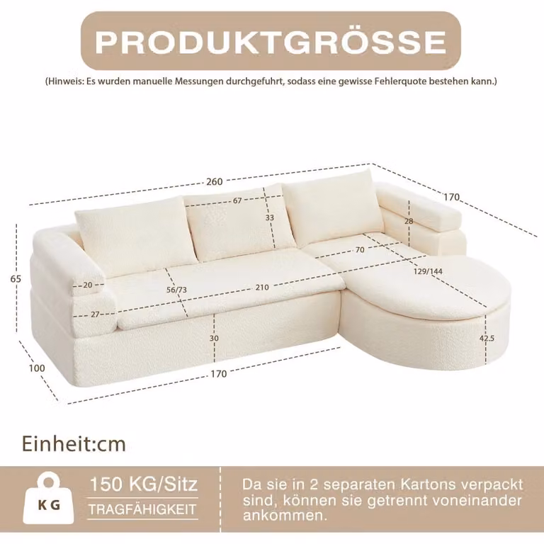 Divano ad angolo con poggiapiedi - Divano a tre posti a forma di "L" - Design moderno effetto nuvola - Rivestimento in chenille - Imbottitura in schiuma - Colore beige