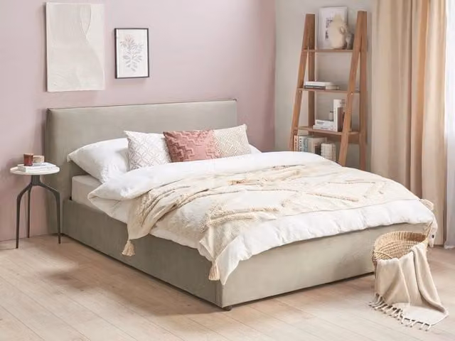 Letto Beliani con rivestimento in velluto grigio talpa e contenitore, testata classica e doghe in legno di pino, L/P/H: 160 x 200 x 126 cm – 1