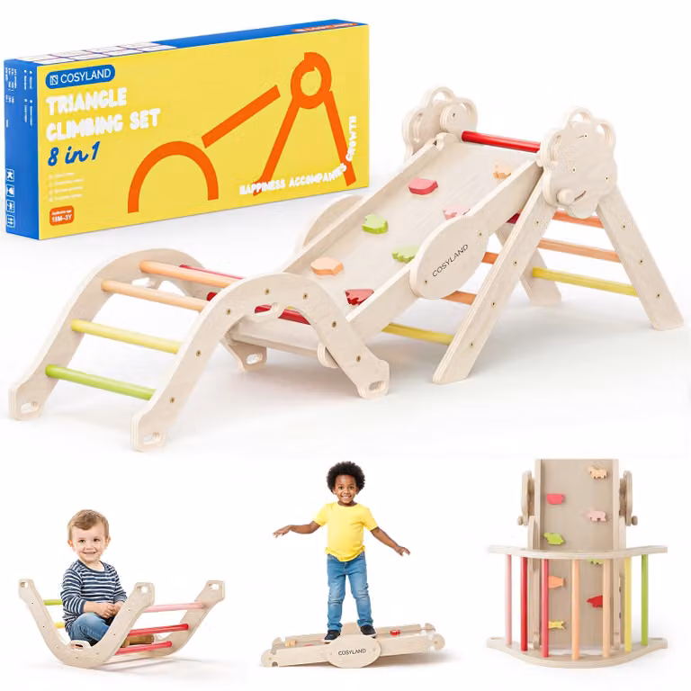 COSYLAND, struttura da gioco multifunzione Montessori per interni, adatta a bambini dai 1 anno in su – triangolo da arrampicata con scivolo