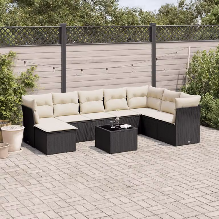 Set di divani da giardino vidaXL in 9 pezzi con cuscini in polyrattan nero e struttura in metallo per esterno
