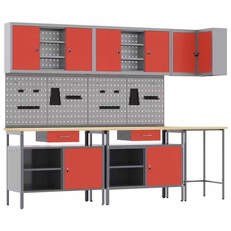 vidaXL Set di mobili da lavoro con cassetto 10 pz Rosso e Grigio