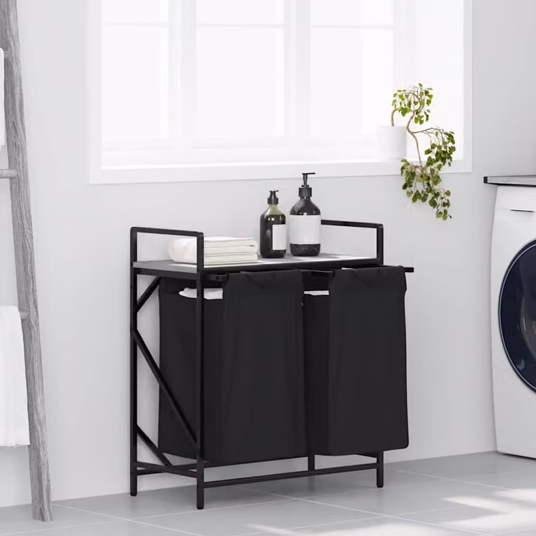 vidaXL Cesto per la Biancheria a 2 Scomparti con Ripiano, Grigio e Nero, L: 77,0 cm, P: 67,0 cm, H: 33,0 cm