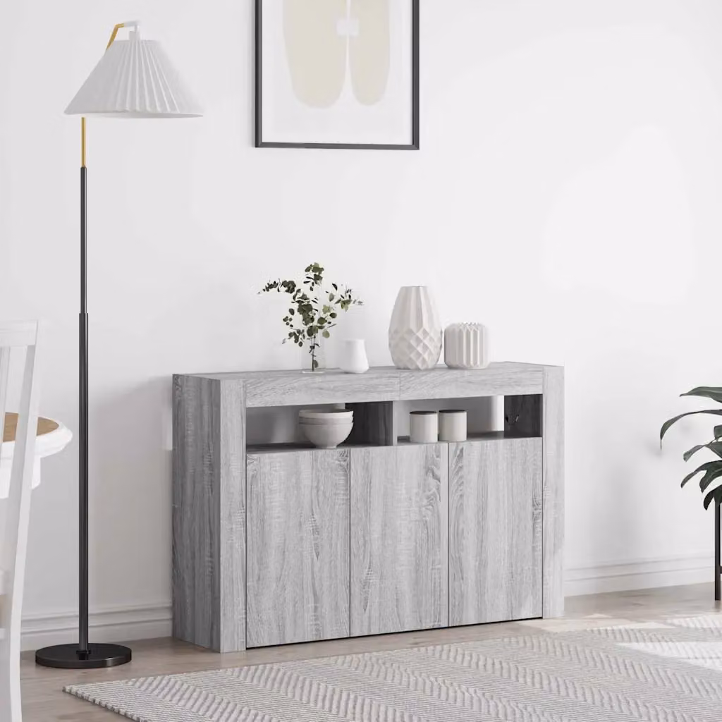 Credenza moderna vidaXL in legno MDF grigio con illuminazione integrata L: 116 cm, P: 30 cm, H: 75 cm