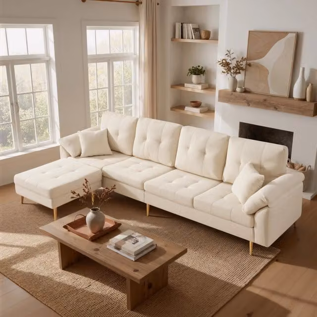 Divano 4 posti MIVRAY con pouf separato in tessuto a coste beige chiaro e piedi in ferro L/P/H: 250 x 87 x 70 cm