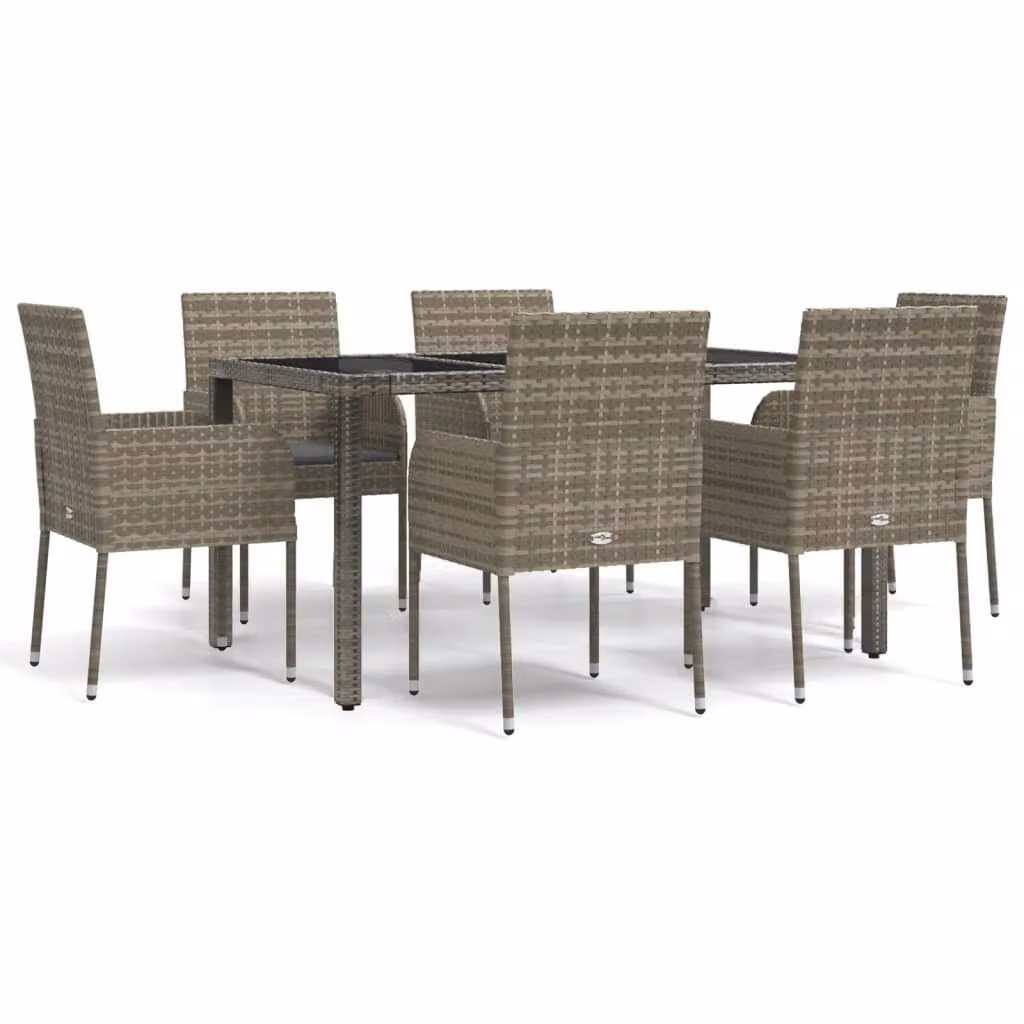 Set da Pranzo da Giardino 7 pz con Cuscini in Polyrattan Grigio