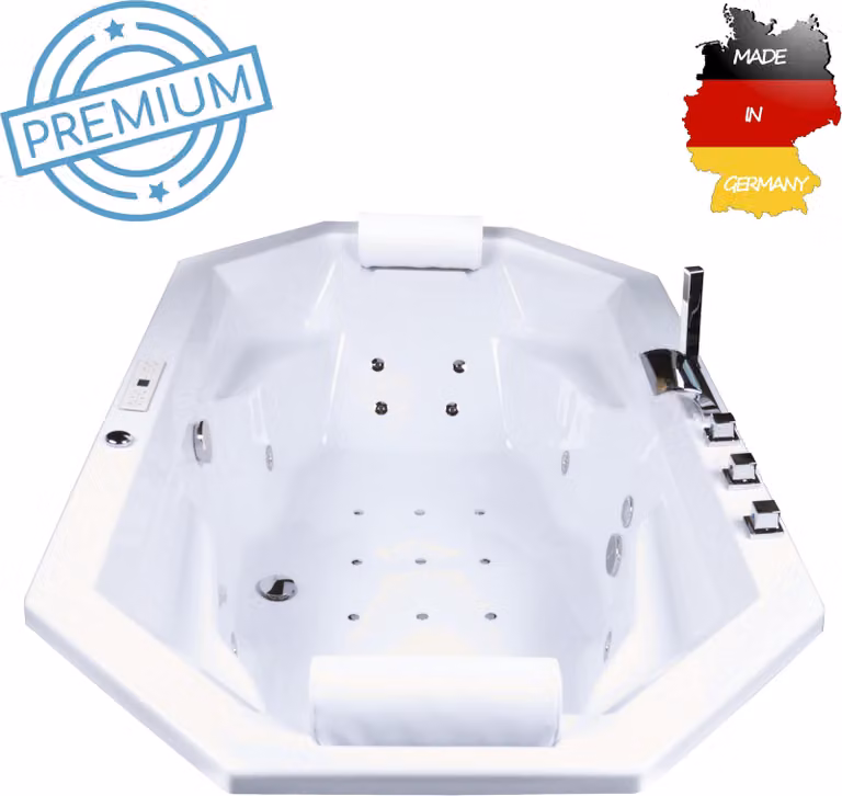 Vasca idromassaggio a piedistallo per interni Basera PREMIUM Bora Bora 200 x 115 cm con 24 getti massaggianti, riscaldamento, generatore di ozono, aspirazione a pavimento, cascata, ambiente a LED, touch panel, Bluetooth, radio
