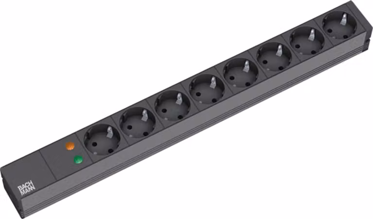Bachmann 48,30 cm (19") Presa di corrente ÜSS, ALU, 8 vie, s nero, contatto di terra, 2 m, 1U, senza interruttoreCon protezione da sovratensione