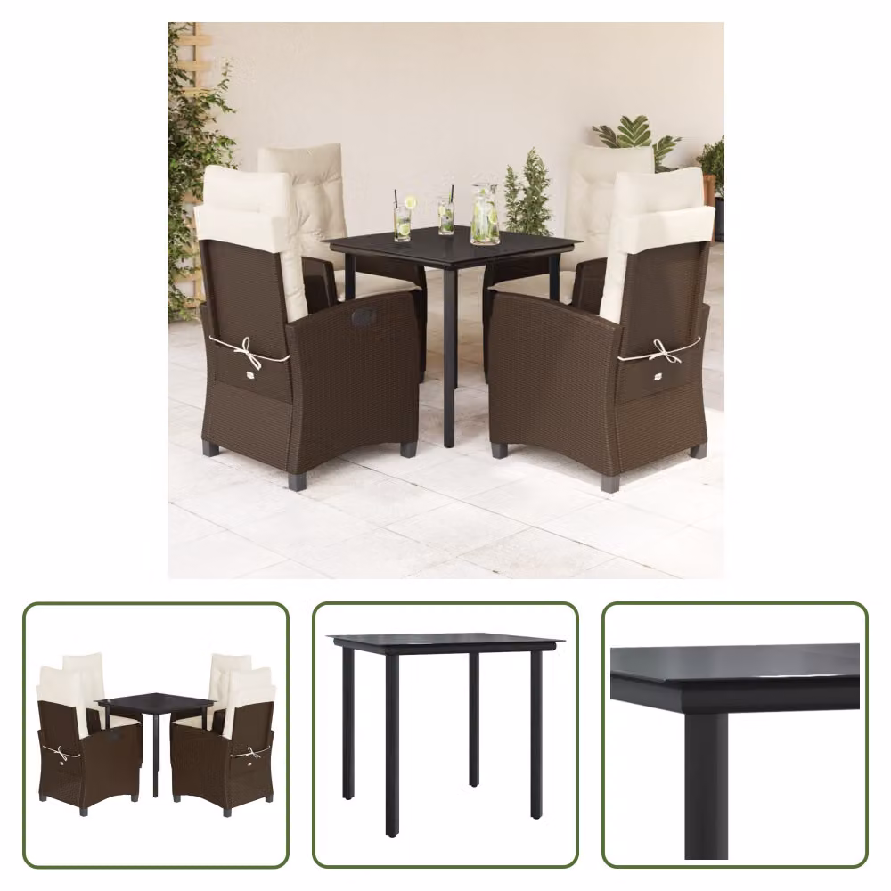 The Living Store Set da pranzo da giardino 5 pezzi con cuscini in polirattan marrone