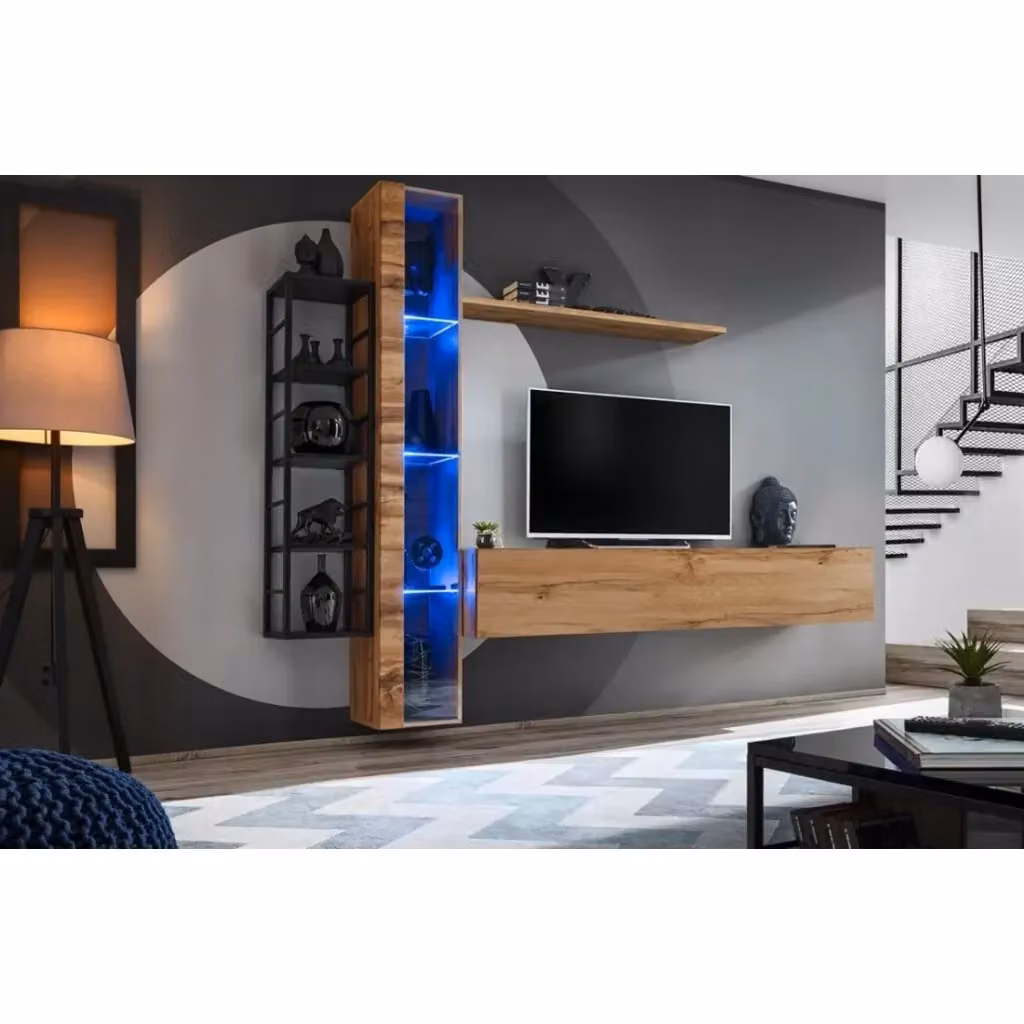 Vetrina sospesa Meublorama colore rovere con porta in vetro e illuminazione LED integrata per soggiorno – 2