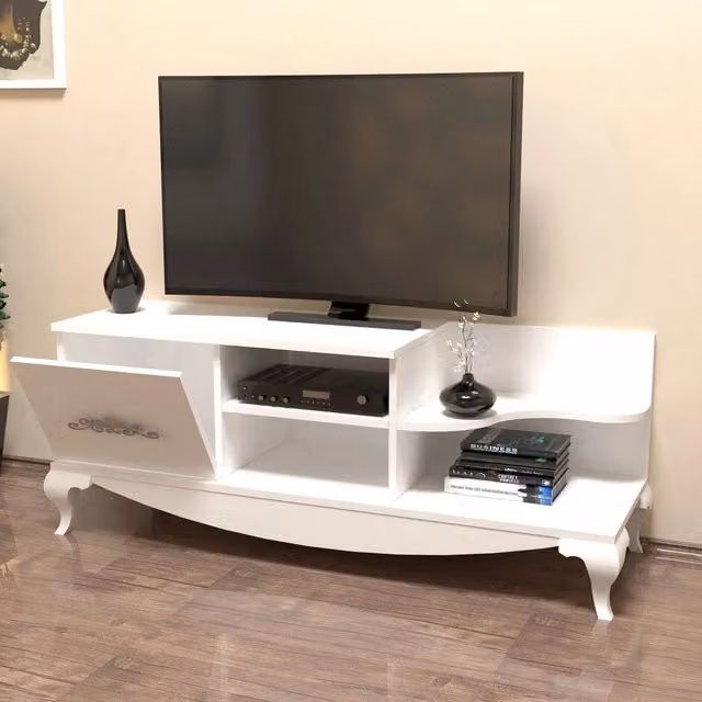 Mobile porta TV DMORA Rinaldo in legno bianco con 2 ripiani, L 130 cm x P 45 cm x H 51 cm