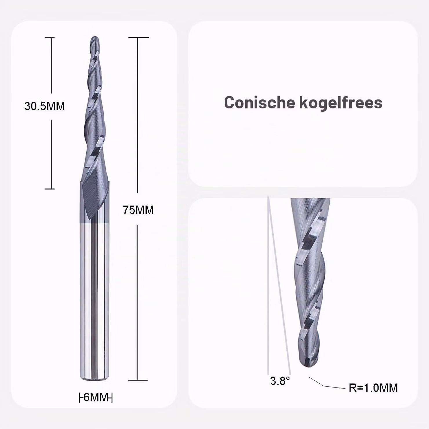 Fresatura conica senza inserti, CNC, albero da 6 mm, 2 taglienti, raggio di 1,0 mm, in metallo duro (carburo)