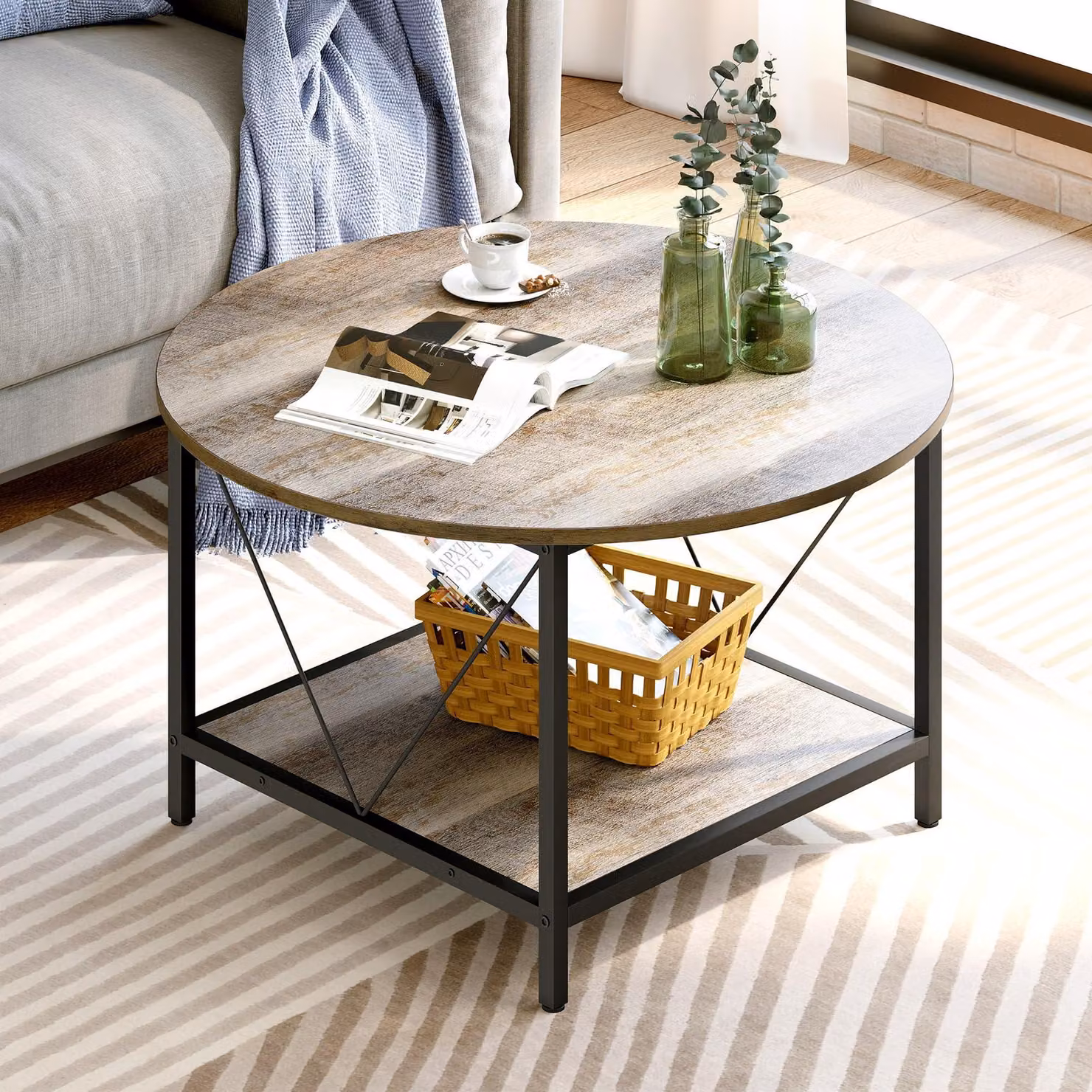 Tavolino da divano YITAHOME, tavolino per soggiorno a 2 piani, tavolino rotondo in legno, 80x80x46 cm