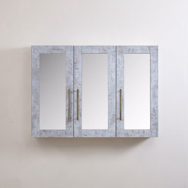 Mobiletto a Specchio da 600mm x 650mm Grigio Cemento - Completo di Maniglie Moderne a Barra in Ottone Spazzolato - Cluo