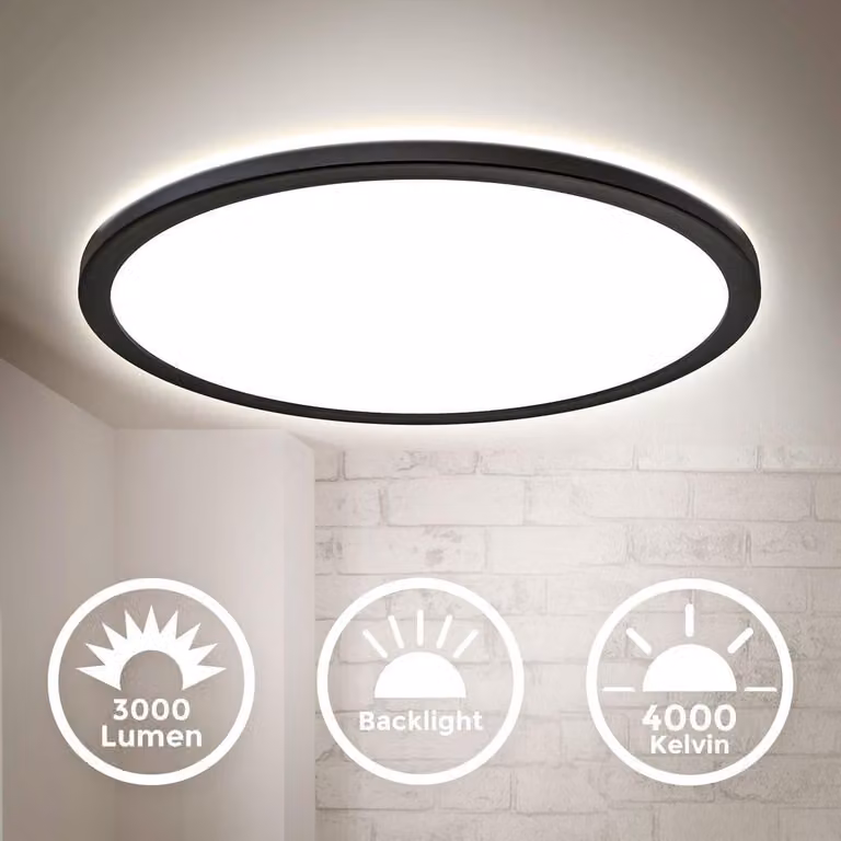 B.K.Licht Plafoniera LED ultra piatta 2,9cm, LED integrati 22W 3000Lm, luce bianca naturale 4000K, Lampada da soffitto con illuminazione indiretta, Ø42cm, contorno nero, retroilluminazione IP20
