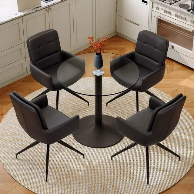 Set tavolo da pranzo rotondo in vetro temperato con 4 sedie girevoli in PU nere
