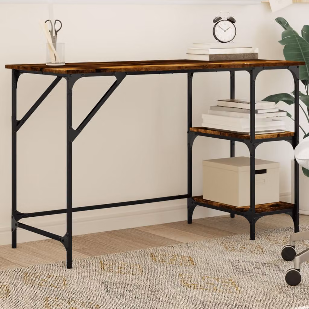 Scrivania moderna vidaXL in legno e metallo color rovere fumo L: 120 cm, P: 50 cm, H: 75 cm