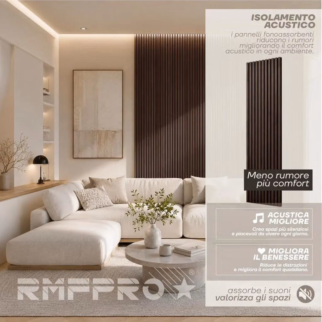 Set di 4 Pannelli Decorativi Parete RMF PRO in MDF con Effetto Legno Grigio, Rivestimento Acustico Fonoassorbente, L: 240 cm, H: 60 cm – 2