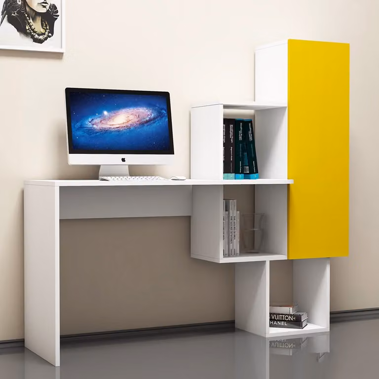 Skye Decor, Açelya - Bianco, Giallo, Scrivania, Bianco, 100% PANNELLI DI PARTICELLE RIVESTITI IN MELAMMINA, 145 x 45 x 74,8 cm