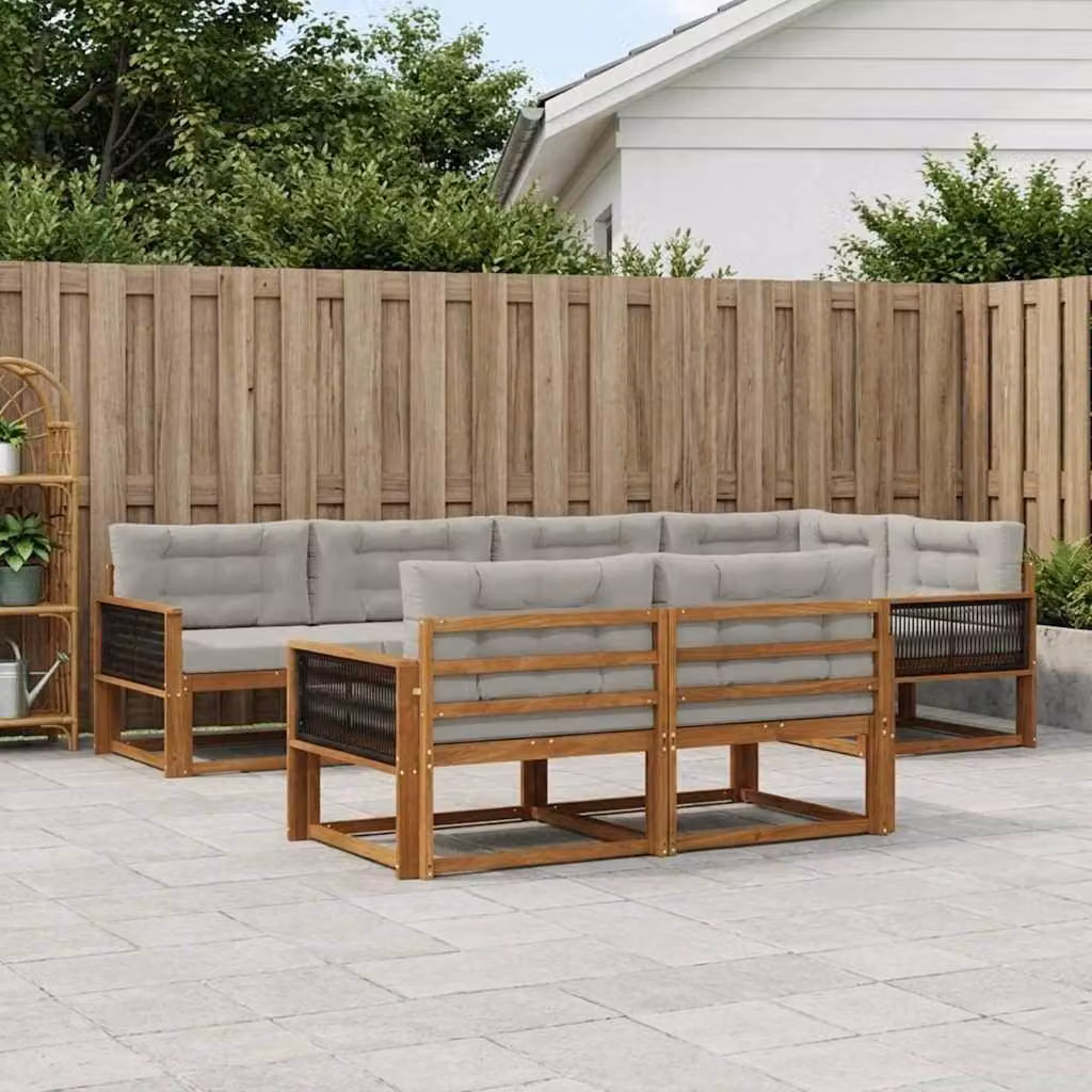 vidaXL Set di divani da esterno a forma di U composto da 8 pezzi in legno di acacia con cuscini, colore marrone e grigio chiaro