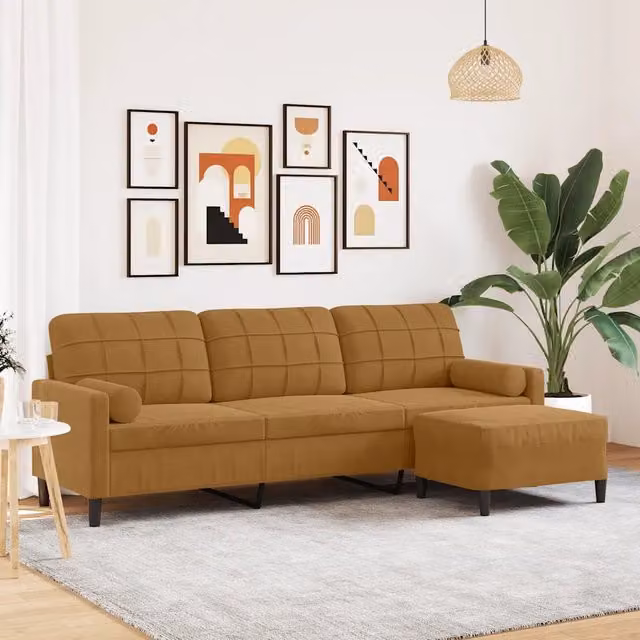 Divano a 3 posti con poggiapiedi coordinato VIDAXL in velluto marrone con struttura in metallo L: 226 cm, P: 80 cm, H: 77 cm – 1
