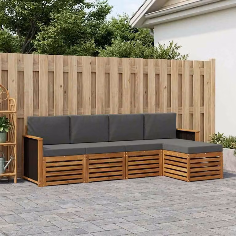 Set di divani da esterno vidaXL a forma di L in legno di acacia con pouf e cuscini, colore marrone e antracite