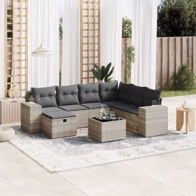Set Divano da Giardino 8pz con Cuscini Grigio Chiaro Polyrattan 3264468