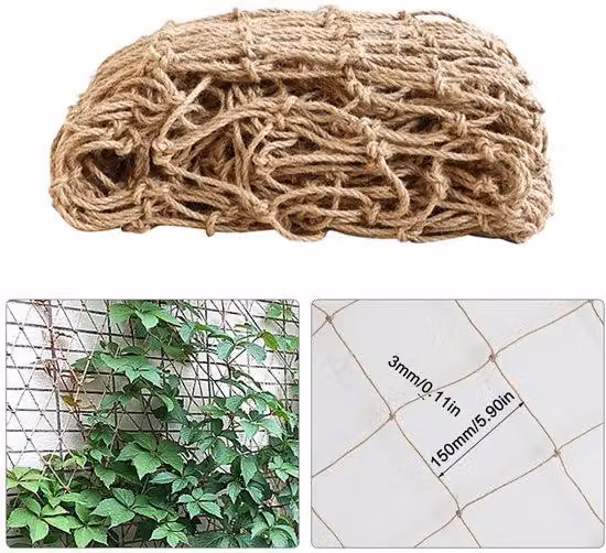 Ibenzoa® Reti per piante rampicanti in juta, 2 x 5 m – Maglie da 15x15 cm, corda in juta da 3 mm, biodegradabile, facile da installare; supporto stabile per piante rampicanti, fiori e decorazioni da parete