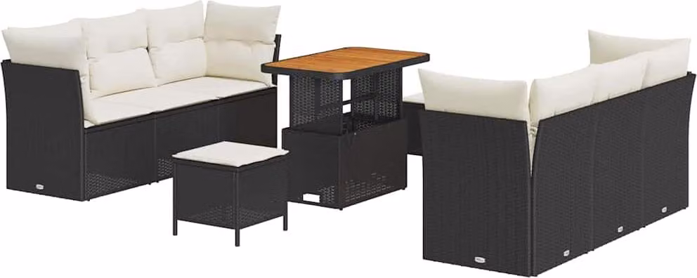 Set Divano da Giardino con cuscino 9 pcs Nero polyrattan