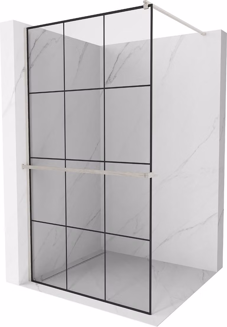 Mexen Kioto+ pannello doccia con mensola Walk-in 110 x 200 cm, griglia nera, nichel spazzolato - 800-110-121-97-77
