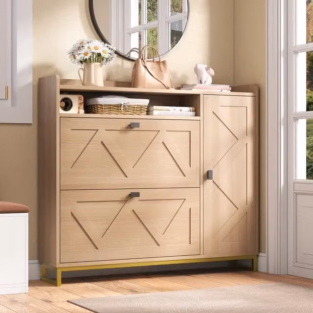 Scarpiera 110x24x100 cm con ante a ribalta soft close in MDF naturale