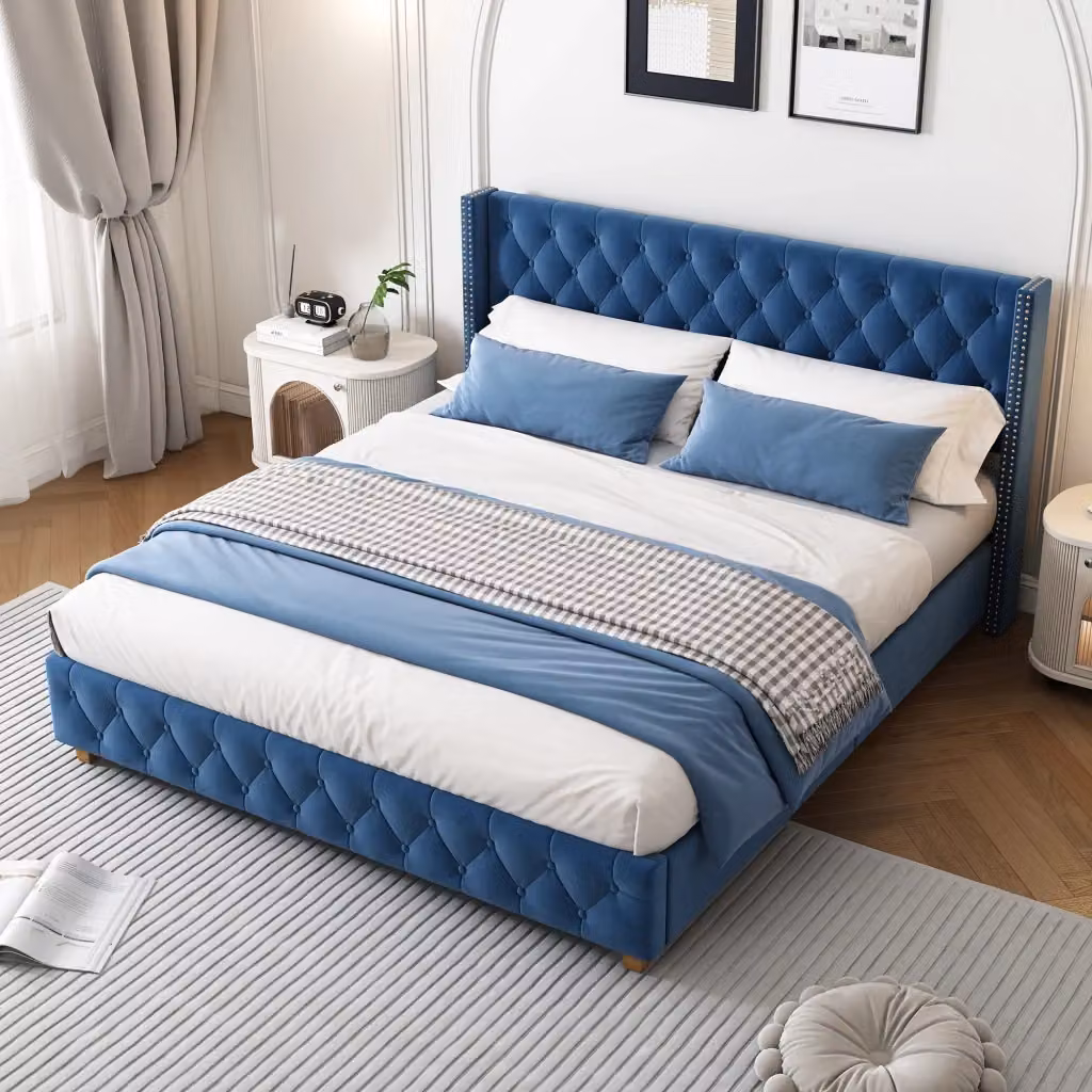 Letto imbottito REDOM in velluto blu con rete a doghe L/P/H: 205 x 160 x 108 cm – 2