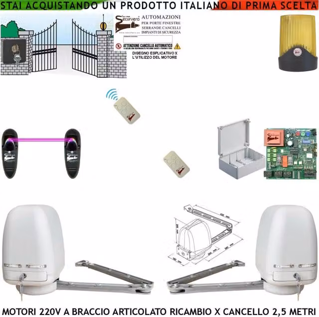 Automazione 2 Motori Braccio Articolato 220 V 250 NM Cancello Elettrico 5 Metri 2 Ante da 0,5 a 2,5 Metri Centrale CBR 2 Radiocomandi Fotocellule Selettore