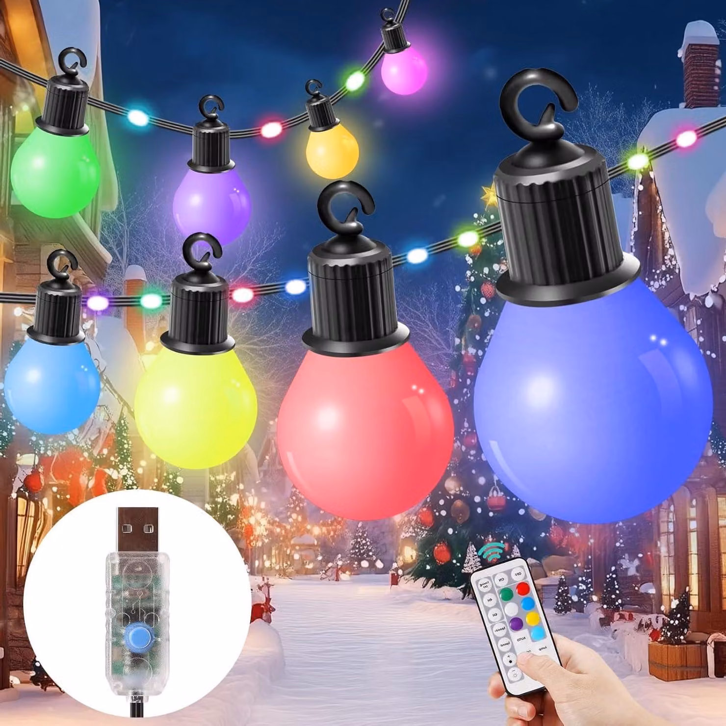 Catena luminosa a LED, 12,5 metri, RGB, attacco G40, 100 luci + 20 luci aggiuntive, grado di protezione IP65, 12 modalità