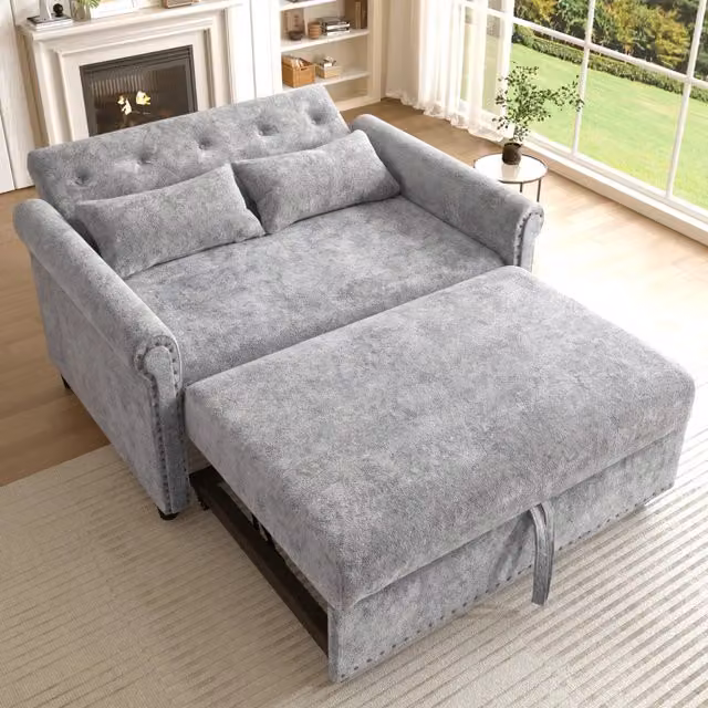 Divano letto 3 in 1 con schienale reclinabile a 3 posizioni letto estraibile in chenille grigio con due cuscini