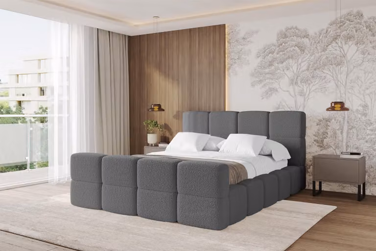 Letto imbottito ALTDECOR con contenitore - NATA-Z 140x200 Grigio, letto con testiera, letto contenitore senza materasso, letto matrimoniale con spazio contenitivo