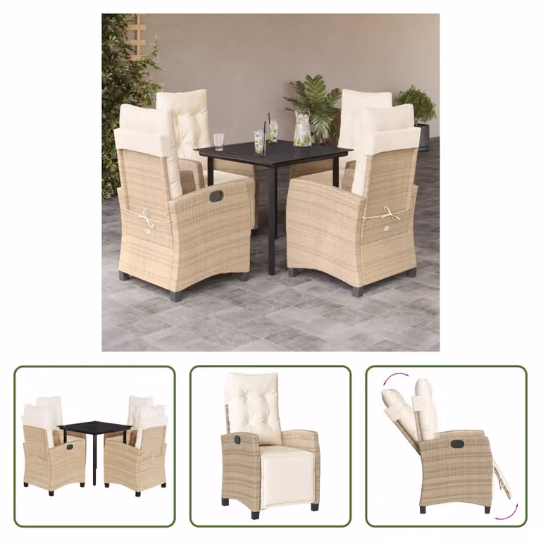 The Living Store Set da pranzo da giardino 5 pezzi con cuscini Beige poly rattan