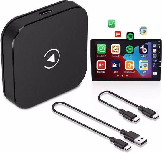 Adattatore CarPlay Wireless Plug and Play con Chip Dual Core 2024, Dongle WiFi senza ritardo con cavo USB-C e USB-A, Nero