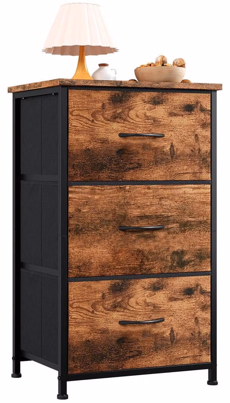 Comodino con 3 cassetti in tessuto, finitura effetto legno, dimensioni 30T x 42L x 71,5H cm