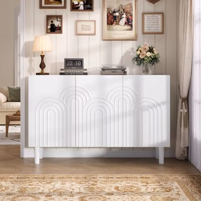Credenza moderna bianca con 3 ante e divisori regolabili in MDF L: 120 cm, P: 38,5 cm, H: 79 cm