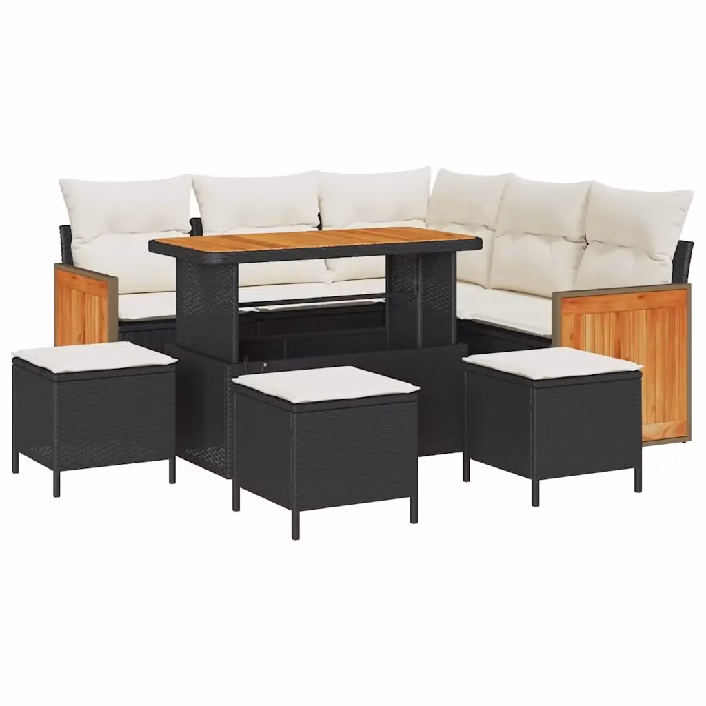 Set Divano da Giardino vidaXL 9 Pezzi con Poltrona, Tavolino e Ottoman, Design a L con Cuscini, Colore Nero e Beige – 2