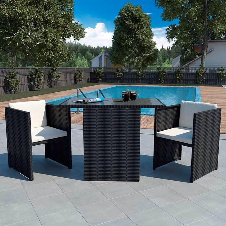 Set da Bistrot vidaXL in Polyrattan Nero con Cuscini e Tavolo in Vetro per Giardino e Terrazzo